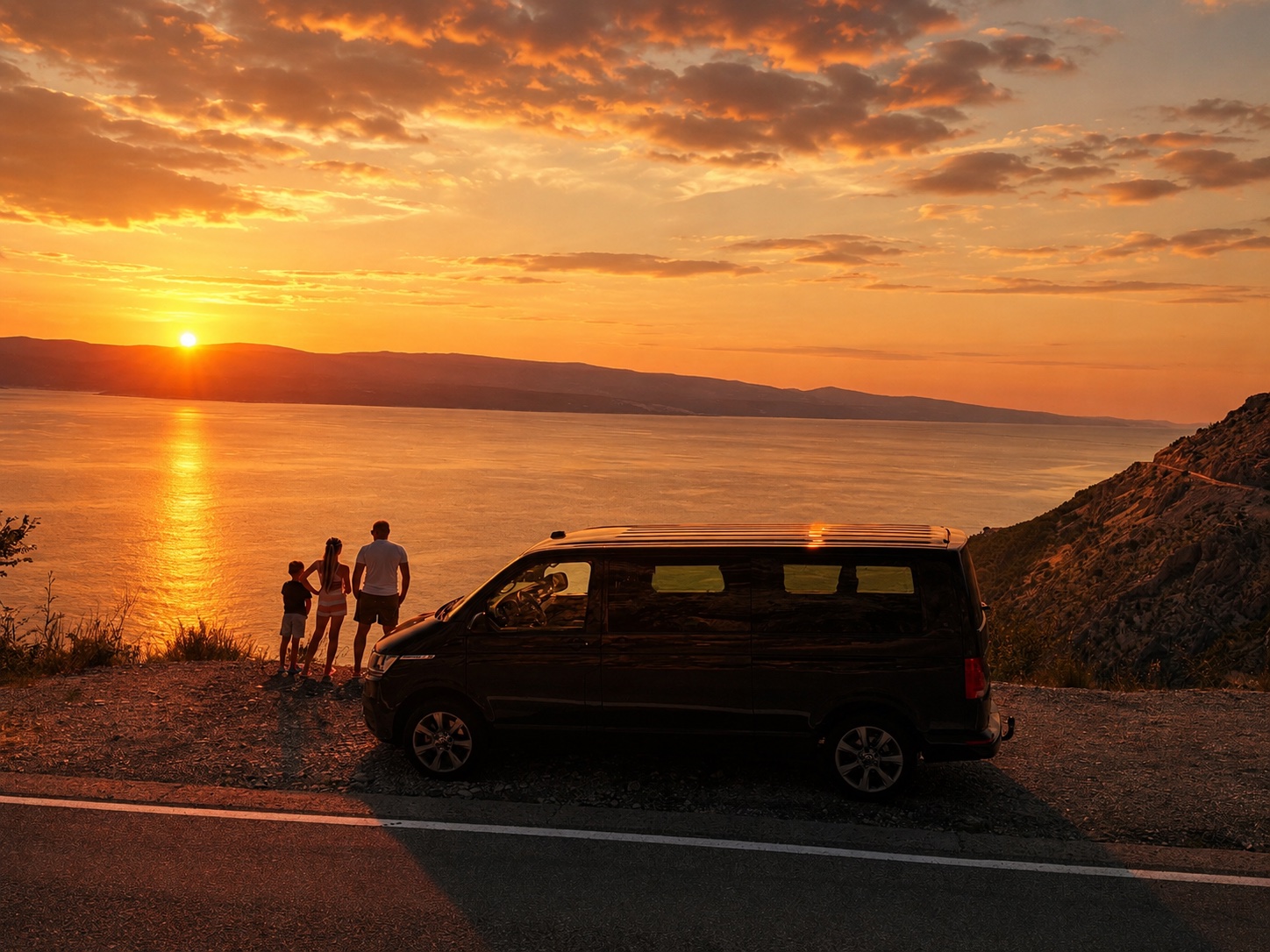 Rodina pri Volkswagen Caravelle počas západu slnka pri Omiši v Chorvátsku